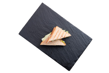 Club sandwich with salmon, cheddar, cucumber and tomato isolated on white