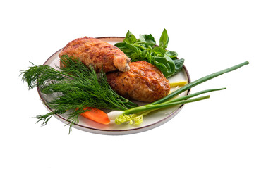 Stuffed chicken thigh decorated with spring onion, carrot, basil and dill