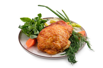 Baked cutlet stuffed with ham and cheese, covered with melted cheese isolated on white