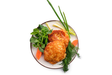 Baked cutlet stuffed with ham and cheese, covered with melted cheese isolated on white