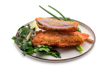 Baked cutlet stuffed with ham and cheese, covered with melted cheese isolated on white
