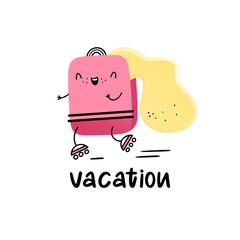 Vacation. Happy suitcase on roller skates. Vector illustration in Emoji style, flat..