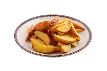 Plate with fried potato wedges isolated on white