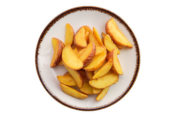 Plate with fried potato wedges isolated on white