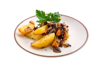 Fried potato with mushrooms and onion isolated on white