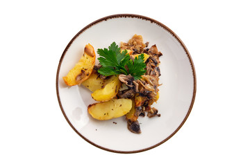 Fried potato with mushrooms and onion isolated on white