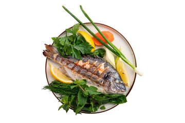 Fried dorada on plate isolated on white