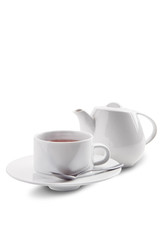 Ceramic tea cup and pot with Dilmah tea isolated on white