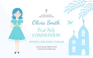 First Holy Communion invitation design template. Christian girl pray .