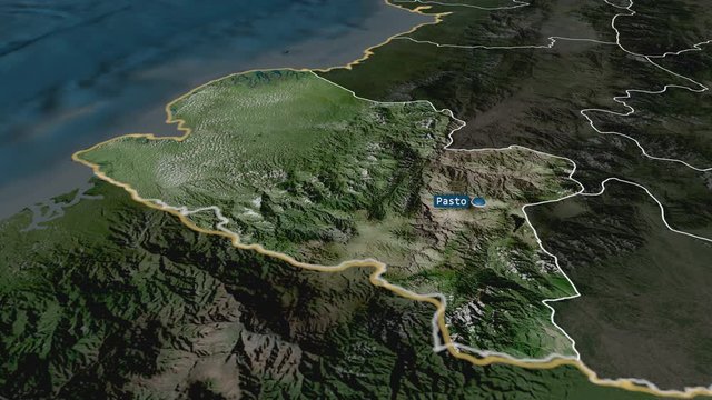 Nari&ntilde;o - department of Colombia with its capital zoomed on the satellite map of the globe. Animation 3D