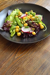 Healthy vegetarian bowl salad with chickpeas, green peas, radish and pistachios,  vertical, copy space