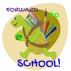 joyful little turtle with textbooks, pencils and brush rushing to school