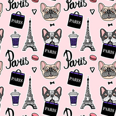 Shopping in paris pink seamless pattern. French Bulldog is holding a shopping bag. Hand drawn vector - 281218107