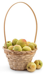 Fresh ripe organic peaches in wooden basket, Prunus persica, isolated on white background. Vinogradarska breskva. Šeftelija