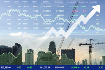 Stock financial index of successful investment on property real estate business and construction industry with working tower crane graph and chart on building site background.