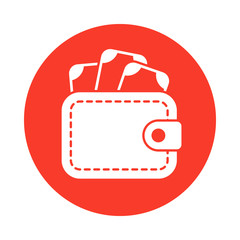 Wallet with money red round icon on white background