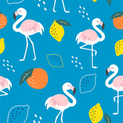 Obraz premium Trendy pattern with flamingo and abstract tropical fruits. Vector seamless texture. 