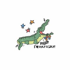 Vector cute illustration - cartoon crocodile with a bouquet of flowers. Postcard, print for goods for children.