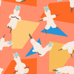 Trendy pattern with stylish cartoon llamas in various yoga poses. Vector seamless texture. © Tayisiya