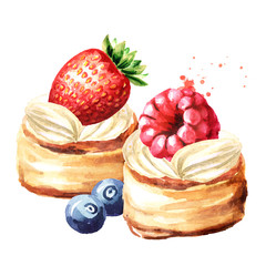 Festive food, sweet tarts with fruits and berries. Watercolor hand drawn illustration isolated on white background