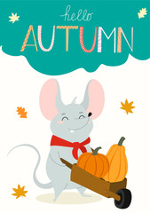Funny autumn card with cartoon rat and pumpkins. Vector illustration. Year of the Rat. 
