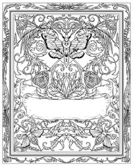 Invitation to Halloween night party. Vintage card with butterflies, moth, ribbon and gothic ornament. Black and white elegant cover background pattern. Vector illustration