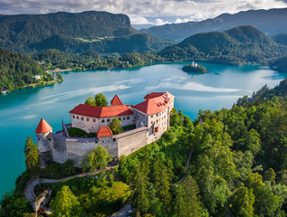 Bled, Slovenia - Aerial view of beautiful Bled Castle (Blejski Grad) with Lake Bled (Blejsko...