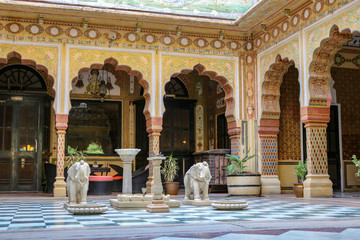 Courtyard of the Bissau Palace with ornaments and elephant statues, Jaipur, India