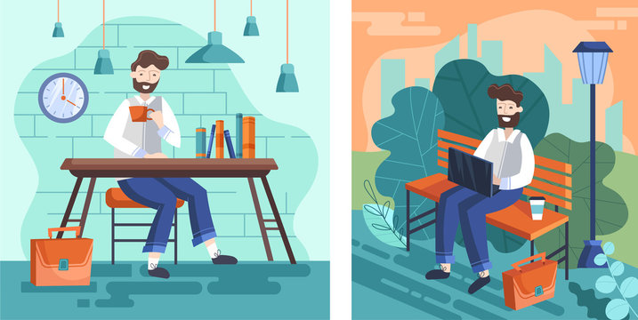 Set of two designs of businessmen working with one seated at his desk in the office and one working on a laptop computer on a park bench outdoors, colorful cartoon vector illustrations.