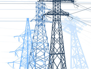 group of blue electric towers on white