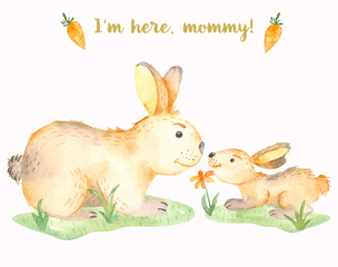 Watercolor cute mother and baby rabbit animals. Illustration of mother's day characters, postcards, invitations, greeting cards, posters, prints, children's nursery.