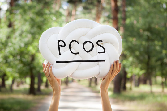 PCOS - Polycystic Ovary Syndrome, Woman Sickness Lettering On White Background In Womans Hands