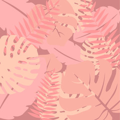 Fototapeta na wymiar Nature seamless pattern. Hand drawn abstract tropical summer background: fan palm tree leaves in silhouette, line art with glossy gradient effect Vector art illustration in pastel gold rose pink color