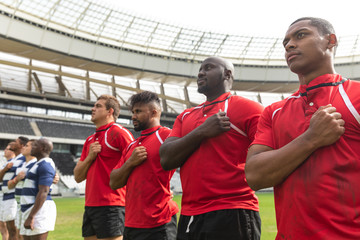 Fototapeta premium Rugby teams taking pledge in stadium