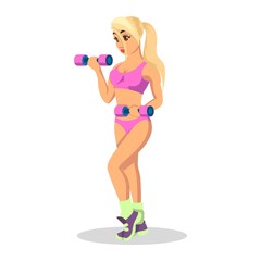 Fototapeta premium Blond girl in pink sport uniform and sneakers lifting dumbbells. Young woman training at sports club or at home. Daily workout, healthy, active lifestyle concept. Cartoon vector isolated on white.