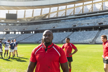 Male rugby player standing in stadium