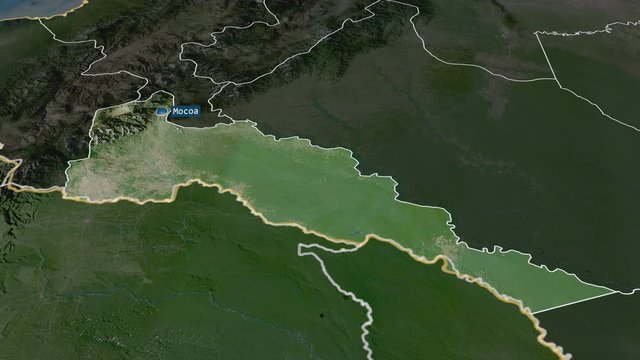 Putumayo - intendancy of Colombia with its capital zoomed on the satellite map of the globe. Animation 3D