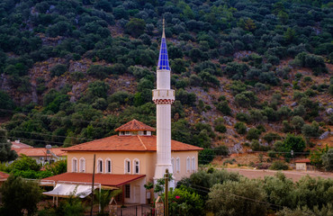 Oludeniz, Turkey. View of the mosque and the mountains at sunrise