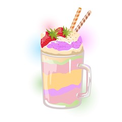 Multicolor milkshake with different flavour: hazeled, raspberry, blueberry garnished strawberry and caramel syrup on top. Fruit dessert in glass cup with straws. Sweet berry smoothie. Vector cartoon.