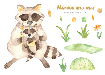 Watercolor cute mother and baby raccoon animals. Illustration of mother's day characters, postcards, invitations, greeting cards, posters, prints, children's nursery.