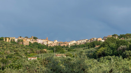 Panoramic view of the medieval village of Castagneto Carducci, Livorno, Tuscany, Italy