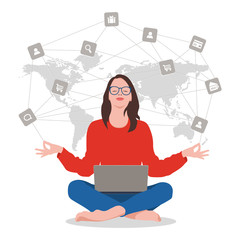 The girl sits in a lotus pose of Zen and thinks about shopping online. The girl is thinking what and where to buy. Vector illustration on white background
