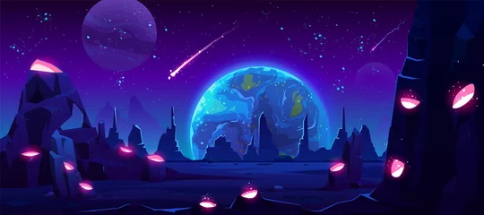 Peel and stick wall murals Violet Earth view at night from alien planet, neon space background with falling meteor in dark starry sky, fantasy extraterrestrial landscape with craters full of glowing liquid, Cartoon vector illustration