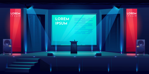 Conference hall, stage for presentation, empty dark scene interior with tribune, microphone, glowing spotlights illumination, huge screen and acoustic dynamics by sides, Cartoon vector illustration - obrazy, fototapety, plakaty