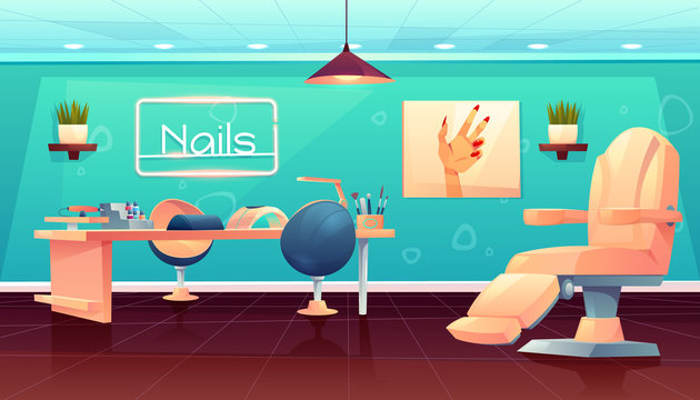 Salon for manicure, pedicure nails care beauty procedures, empty studio interior with furniture and appliances, table, transforming armchair, lamp and nail polishes palette Cartoon vector illustration