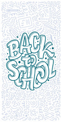 Welcome back to school lettering quote and doodle background. Template for sale tag. Hand drawn badge. Education concept. Typography emblem.
