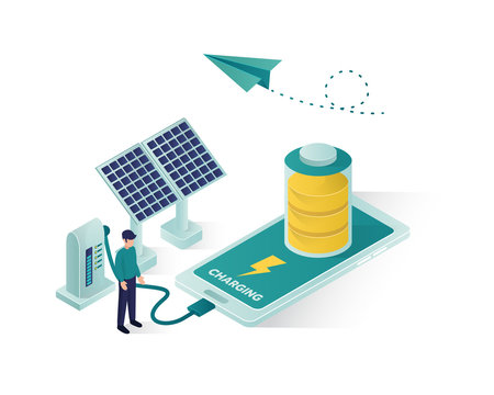solar panel energy isometric illustration, renewable energy using solar panel to charging a mobile or smart phone isometric vector illustration