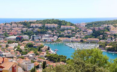 Fototapeta na wymiar Dalmatian coastline panoramic view from Dubrovnik with the port, Croatia, Europe