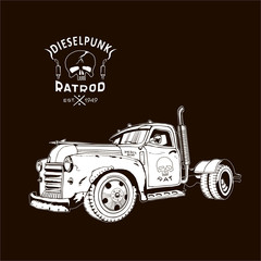 diesel truck ratrod dieselpunk 2x4 white on black, retro, vector image