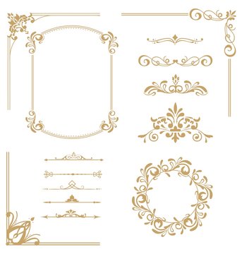 Vector set of vintage elements. Frames, dividers for your design. Golden Components in royal style. Elements for design menus, websites, certificates, boutiques, salons, etc.